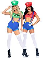 Female Mario from Super Mario Bros, top and shorts costume, short sleeves, buttons, suspenders, mustache